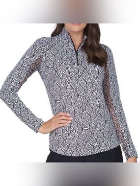 IBKUL Sally Black & White Mock Neck 1/4 Zip Long Sleeve Athletic Top 50 SPF Sz M